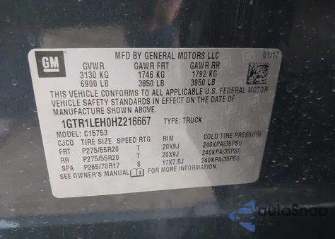 2017 GMC Sierra 1500 из США, поврежденный, VIN 1GTR1LEH0HZ216667